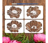FINGERINSPIRE 4PCS Poppy Flower Stencils 29.7x21CM Single Poppy Bloom Drawing Template Reusable Wildflower Plant Decoration Stencils with a Brush for Wall Wood Fabric Home Decor DIY Project