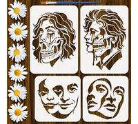 FINGERINSPIRE 4PCS Psychedelic Rock Style Figures Painting Stencil with Paint Brush 8.3x11.7inch/7.9x7.9inch Decorative Skull Pattern Drawing Template A4 Horrible Expression Stencil for DIY