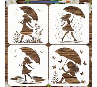 FINGERINSPIRE 4Pcs Rainy Season Lady Stencils with a Brush 20x20cm Umbrella Beauty Painting Stencils PET Human Themes PET Template for Painting on Wood Floor Tile Wall Fabric Furniture DIY