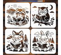 FINGERINSPIRE 4PCS Reading Animals Painting Stencil with Paint Brush 20x20cm Plastic Raccoons Owls Drawing Template PET Foxes Rabbits Stencil Animal Theme Template for DIY Crafts Wall Decoration