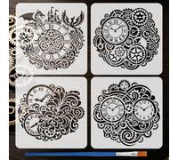 FINGERINSPIRE 4Pcs Retro Steampunk Patterns Stencils with a Brush 15x15cm Gears Clocks Painting Stencils Dragons Phoenixes Stencil Flowers Stencil Vintage Theme PET Template for Wood Tile Wall DIY