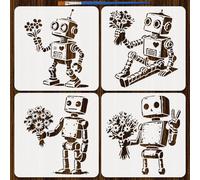 FINGERINSPIRE 4PCS Robot Painting Stencil 30x30CM Robot and Flowers Stencils Reusable PET Templates 4 Style Graffiti Stencil with a Brush for Wood Wall DIY Craft Home Decor