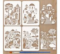 FINGERINSPIRE 4PCS Santorini Architecture Stencils with Brush 8.3x11.7inch 4 Styles Santorini Style City Town Painting Stencils Architecture Theme Template for Painting on Wood Wall Furniture