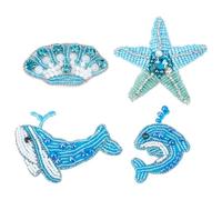 FINGERINSPIRE 4PCS Sea Animal Beaded Patches 4 Styles Ocean Rhinestone Appliques Blue White Whale Shell Patches Plastic Pearl Embellished Marine Theme Decor for Clothing Bags DIY Craft Projects