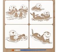FINGERINSPIRE 4Pcs Sea Otter Stencils with a Brush 15x15cm 4 Styles Cartoon Otters Painting Stencils Cute Sea Otter Stencil Wave Stencil Animal Themes PET Template for Wood Floor Wall Fabric DIY