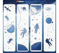 FINGERINSPIRE 4Pcs Space Astronaut Border Stencils with a Brush 30x7.5cm Book Edge Background Painting Stencils PET Border Themes PET Template for Wood Floor Tile Wall Fabric Furniture Scrapbook DIY