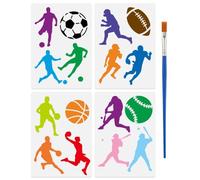 FINGERINSPIRE 4Pcs Sports Ball Stencils with a Brush 29.7x21cm Play Ball Painting Stencils Reusable Basketball Soccer Volleyball Baseball Template Sport Themes PET Template for Wood Wall Fabric DIY