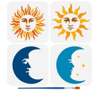 FINGERINSPIRE 4PCS Sun Moon Stencils for Painting with Brush 15x15cm Reusable Sun Moon Face Template Hollowed Emoticon Stars Stencil Plastic Fantasy Theme Template for Floor Furniture Decoration