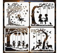 FINGERINSPIRE 4Pcs Swing Tree Painting Stencil with Paintbrush 30x30cm Tree Flower Grass Human Animal Stencil Human Swinging Under The Tree Decoration Stencils for Painting on Wood Wall Furniture