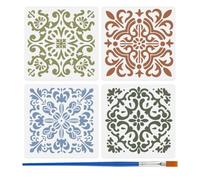 FINGERINSPIRE 4PCS Tile Texture Painting Stencils with Paint Brush 30x30cm Floral Pattern Drawing Template Reusable Border Stencil DIY Daily Theme Template for Painting on Floor Furniture