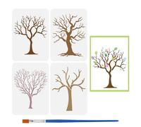 FINGERINSPIRE 4Pcs Tree Branches Painting Stencil with a Paintbrush A4 29.7x21cm Plastic Reusable Tree Trunk Art Stencils Plant Theme Stencils for Painting on Wood Wall Floor Fabric Furniture