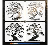 FINGERINSPIRE 4PCS Trees and Birds Stencils with a Brush 30x30CM Tree of Life Stencil Set Reusable Chinese Style Trees Drawing Templates for Wall Painting Wood Decor DIY Crafting Home