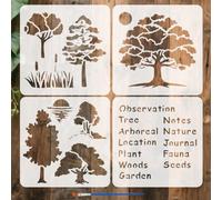 FINGERINSPIRE 4PCS Trees and Nature Words Stencils for Painting with Brush 15x15cm Reusable Lake Sun Template Hollowed Flower Leaves Words Stencil Plastic Plant Theme Template for Wall Decoration