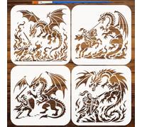 FINGERINSPIRE 4PCS Warrior and Dragon Stencil with a Brush 15x15cm Knight Dragon Flame Templates for Spray Paint PET Stencils Kit for DIY Crafts Painting on Fabric Wood Canvas Walls