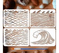 FINGERINSPIRE 4PCS Waves Stencils with Brush 21x29.7cm Sea Wave Stencils Ocean Waves Stencil Thickened PET Plastic Stencil Ocean Theme Template for Painting on Wood Wall Furniture