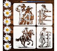 FINGERINSPIRE 4Pcs Western Figures Painting Stencils with Paintbrush 2 Sizes Plastic Western Cowboy Theme Stencil Reusable Horse Art Crafts Template Stencil for Painting on Wood Wall Fabric Paper