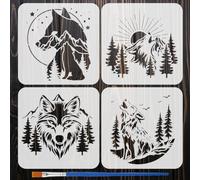 FINGERINSPIRE 4Pcs Wolf Mountains & Forest Painting Stencil with Brush, 20x20cm 4 Styles Forest Animal Stencil Reusable Mountain Wolf DIY Stencils Durable Craft Stencils for Home Decor & Projects