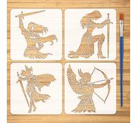 FINGERINSPIRE 4Pcs Woman Theme Stencils with Paintbrush 5.9x5.9 inch Reusable Four Different Valkyries with Equipped Weapons in Dynamic Poses Painting Stencil DIY Craft for Painting on Wood Wall