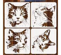 FINGERINSPIRE 4Styles Cat Face Pattern Stencils with a Brush 30x30cm Abstract Cat Face Painting Stencils PET Cats Graffiti Stencil Animal Themes Template for Wood Wall Fabric Furniture Home Decor