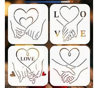 FINGERINSPIRE 4Styles Hand in Hand Pattern Stencils with a Brush 15x15cm Romantic Love Painting Stencils PET Valentine's Day Themes Template for Painting on Wood Floor Tile Wall Fabric Fabric