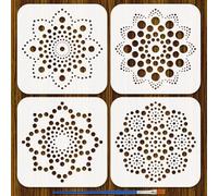 FINGERINSPIRE 4Styles Mandala Dots Pattern Stencils with a Brush 15x15cm Mandala Flower Painting Stencil PET Abstract Flowers Stencils Floral Themes Template for Wood Wall Fabric Furniture Decor