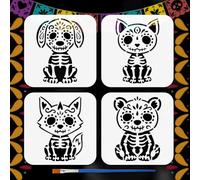 FINGERINSPIRE 4Styles Sugar-Skull Animals Stencils with a Brush 15x15cm Cats Dogs Painting Stencils PET Foxes Bears Stencil Day of the Dead Themes Template for Painting on Wood Wall Fabric Furniture