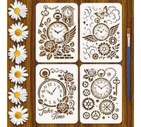 FINGERINSPIRE 4Styles Vintage Gears Clocks Stencils with a Brush 29.7x21cm 4 Styles Creative Clocks Painting Stencils Wings Rose Flowers Words Keys PET Template for Wood Floor Wall Tile Fabric