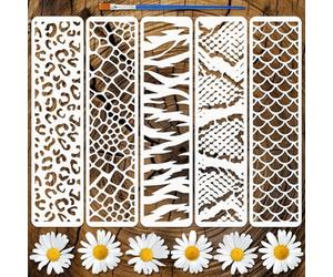 FINGERINSPIRE 5PCS Animal Patterns Border Painting Stencil with Paint Brush 7.5x30cm Plastic PET Fish Scales Drawing Template Leopard Print Stencil Border Theme Template for Wall Decoration