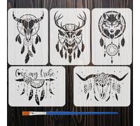 FINGERINSPIRE 5PCS Animals and Dreamcatcher Painting Stencil with Paint Brush 21x29.7cm Native American Style Drawing Template Deer Wolf Sheep Feather Stencil Fantasy Theme Template for DIY