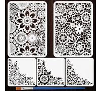 FINGERINSPIRE 5PCS Flower Lace Stencils with Paint Brush 15x15cm/29.7x21cm Floral Patterns Stencils Fleur de Lace Pattern Stencil Floral Theme Template for Painting on Wood Wall DIY Home Decoration