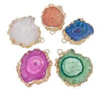 FINGERINSPIRE 5Pcs Natural Agate Crystal Druzy Pendant with Brass, 5 Colors Golden Tone Edge Plated Dyed Irregular Druzy Geode Agate Stone with 2mm Hole for Jewelry Making Necklace Decoration