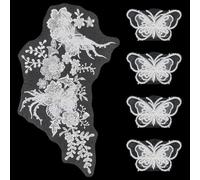 FINGERINSPIRE 5Pcs White 3D Embroidered Decor Patches Including 4Pcs Butterfly Lace Clothing Patches and 1Pc Flower Design Net Fabric Rhinestone Applique Sew on Floral Embroidered Patch for DIY Crafts