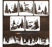 FINGERINSPIRE 5Styles Winter Forest House Stencils with a Brush 30x30cm Winter Village Painting Stencils Christmas Stencil for Window Glass PET Winter Themes Template for Wall Decoration