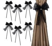 FINGERINSPIRE 6 pcs Bow Lace Curtain Tiebacks With Pin Black Bowknot Curtain Ties with PVC Imitation Pearl Elegant Lace Ribbon Bow Straps Drapery Holdbacks Tie Rope Home Decoration