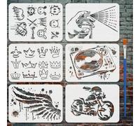 FINGERINSPIRE 6 Pcs Graffiti Painting Stencil with Brush 21x29.7cm Graffiti Heart, Rabbit, Crown, Pattern Drawing Template Spray Hand, Turntable, Wings, Flame Motorcycle Stencil for Painting