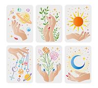 FINGERINSPIRE 6 Pcs Hand Pattern Stencils 29.7x21cm Sun Moon Star Stencils Plastic Plants Flowers Stencil Reusable Cosmic Planet Pattern Stencil for Painting on Wood, Floor, Wall and Tile