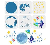 FINGERINSPIRE 6 Pcs Layered Space Theme Stencil 15x15cm Moon Earth Painting Template Plastic Astronaut Rocket Spaceship Patterns Stencils Reusable Moon Stars Stencil for Home Wood Floor Wall Decor