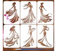 FINGERINSPIRE 6 Pcs Long Skirt Woman Painting Stencil with Paintbrush 21x29.7cm Reusable Dancing Woman Stencils Lady Dress Silhouette Stencils for Painting on Wood Wall Fabric Canvas Furniture