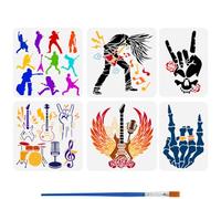 FINGERINSPIRE 6 Pcs Rock Music Painting Stencil with Brush 2 Size Music Notes Instruments Musicians Drawing Template Musical Gestures Guitar Skeleton Hand Stencil for Painting on Wood Wall Furniture