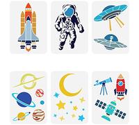 FINGERINSPIRE 6 pcs Space Theme Stencils 21x29.7cm Reusable Astronauts Stars Moon Planets Rockets Astronomical Telescopes Aliens UFO Drawing Template DIY Craft Stencil for Home Decoration