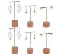 FINGERINSPIRE 6 Pcs T Bar Earring Display Stand 117/140/160mm Golden Metal Jewelry Display Stand with Column Wooden Base Jewelry Photography Prop Holder for Retail Store Showcase and Home Organization