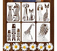 FINGERINSPIRE 6PCS Abstract Animals Painting Stencil with Plastic Brush 21x29.7cm Reusable Zebra Cat Dog Drawing Template Bear Giraffe Lion Stencil Animal Theme Template for Painting on Wood