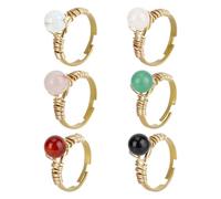 FINGERINSPIRE 6PCS Adjustable Gold Wire Wrapped Rings 0.77inch Inner Diameter Round Natural & Synthetic Gemstone Cuff Open Rings Golden Brass Wire Wrapped Jewelry Ring With Colorful Gems for Women