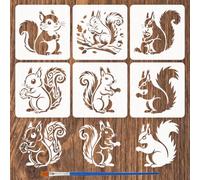 FINGERINSPIRE 6PCS Adorable Squirrel Painting Stencil with Paint Brush 15x15cm Plastic PET Branch Leaf Nut Drawing Template Decorative Cute Squirrel Stencil Animal Theme Template for Wall Decor