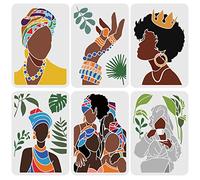FINGERINSPIRE 6PCS African Tribal Women Stencils 29.7x21cm Plastic Tropical Plant Craft Stencil Large African Girl Stencil Templates with Ring Earrings Bracelet Crown for Art Home Decoration