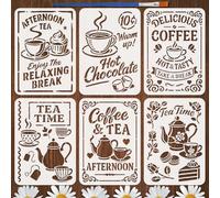FINGERINSPIRE 6PCS Afternoon Tea Patterns Stencils with 1Pc Plastic Brush 21x29.7cm Coffee Stencil Teapots and Cups Pattern Stencil Flowers Desserts Decoration Template Tea Time Template for Decor