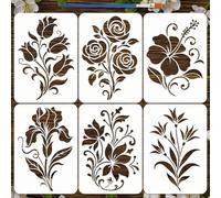 FINGERINSPIRE 6PCS Artistic Flowers Stencils 21x29.7cm with a Brush Floral Pattern Stencils A4 Rose Drawing Templates Plants Theme Reusable Stencil for Wall Wood Fabric DIY Home Decor Art