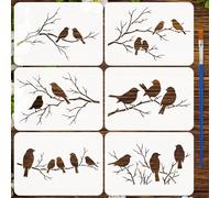 FINGERINSPIRE 6PCS Birds on Branches Stencils with A Paint Brush 21x29.7cm 6 Styles Birds Silhouette Stencils Bird Tree Branches Stencil Animal Theme Template for Painting on Wood Wall Furniture
