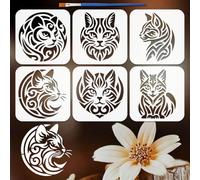 FINGERINSPIRE 6PCS Cat Totem Painting Stencil with Paint Brush 15x15cm Reusable Cat Pattern Drawing Template Plastic PET Line Style Stencil Animal Theme Template for Painting on Wood Fabric