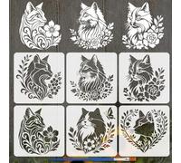 FINGERINSPIRE 6PCS Cats Plants Stencil for Painting with Paint Brush 30x30cm Plastic PET Flowers Leaves Template Reusable Cute Cats Painting Stencil Hollowed Animal Theme Template for DIY